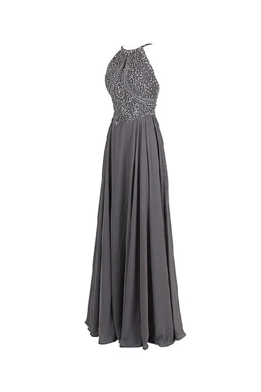 Beads High Neck Open Back Grey Long Evening Party Dresses Prom Dress Tunics Gym athletic