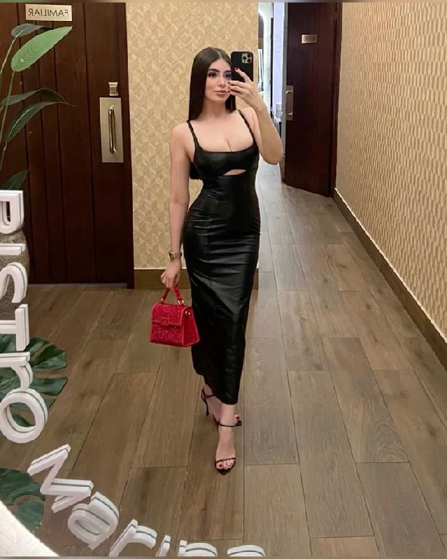 Sexy Black Straps Sheath Long Evening Party Dress, DP4205 Crew Neckline Casual