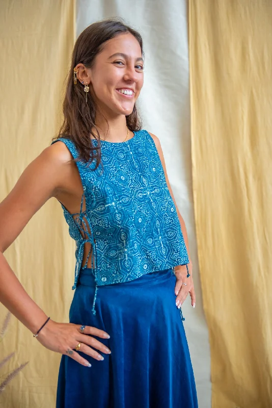 Tank Tie Top Ajrakh Indigo Tile Print layering tank top