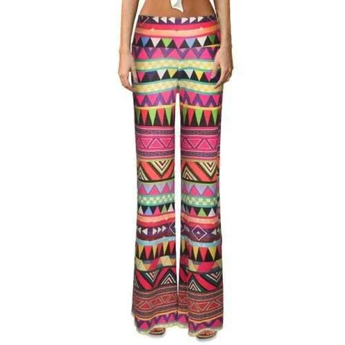 Ethnic Elastic Waist Triangle Pattern Women's Flare Leg Pants - S Stylish Paperbag Waist Pants