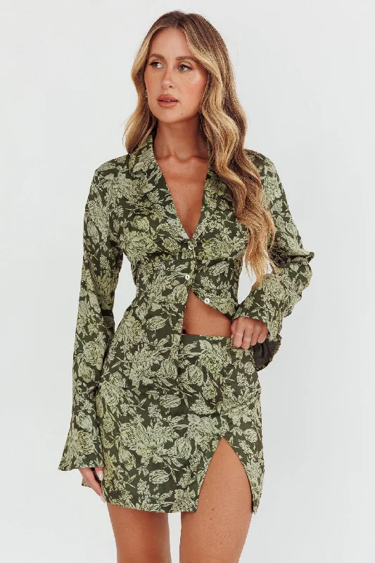 Palmas Split Mini Skirt Floral Olive lace skirt intricate