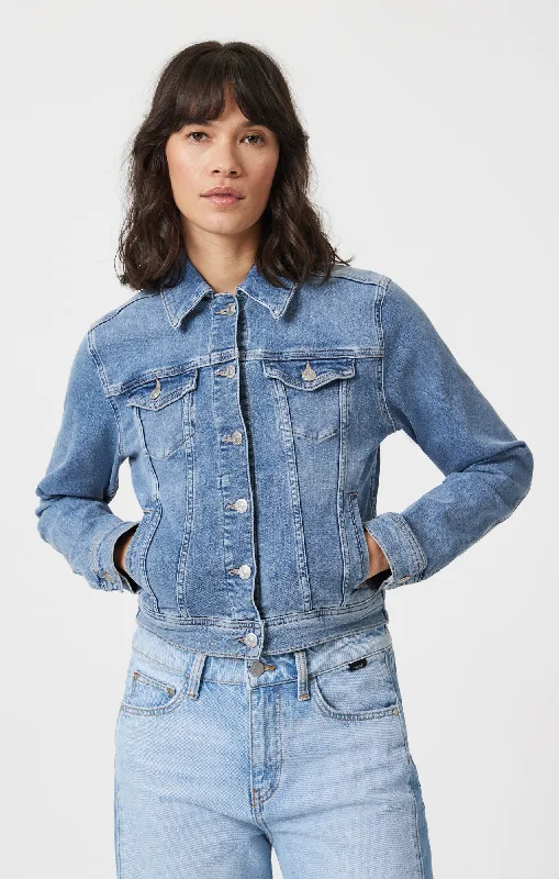 CECILIA DENIM JACKET IN LIGHT BRUSHED FLEX BLUE Nylon Jacket Polyester Jacket Spandex Jacket