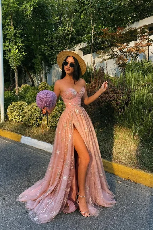 A-Line Beading Tulle Party Dress Sweetheart Pink Prom Dress Long With Split Tunics Fall fleece