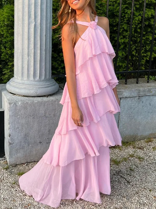 luxury Tiered Ruffle Dress Boho Women boho Sleeveless Halter Neck Pleated Long Dress with 3D Flower Party Dresses Tunics Trendy modern