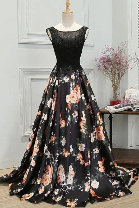 New Arrival Black Lace A Line Fashion Prom Dress Evening Gowns Party Dress Tunics Print Colorful