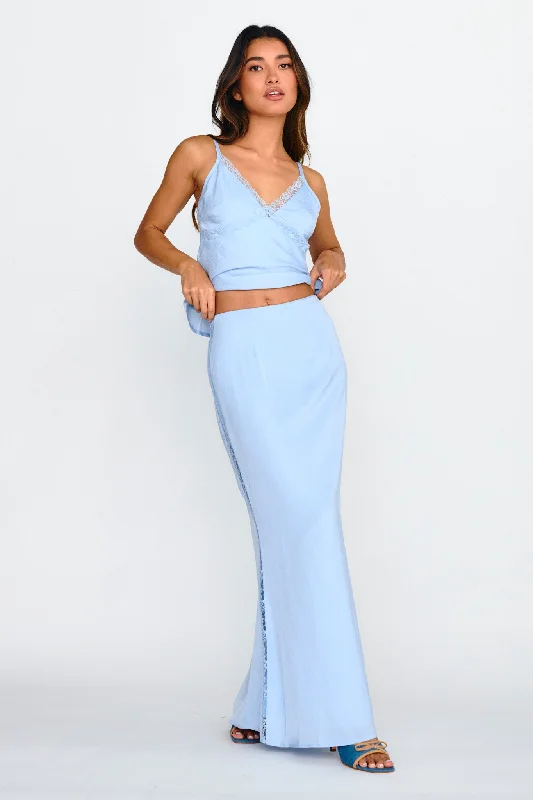 Pammy Lace Trim Maxi Skirt Cloud Blue flowy skirt hem