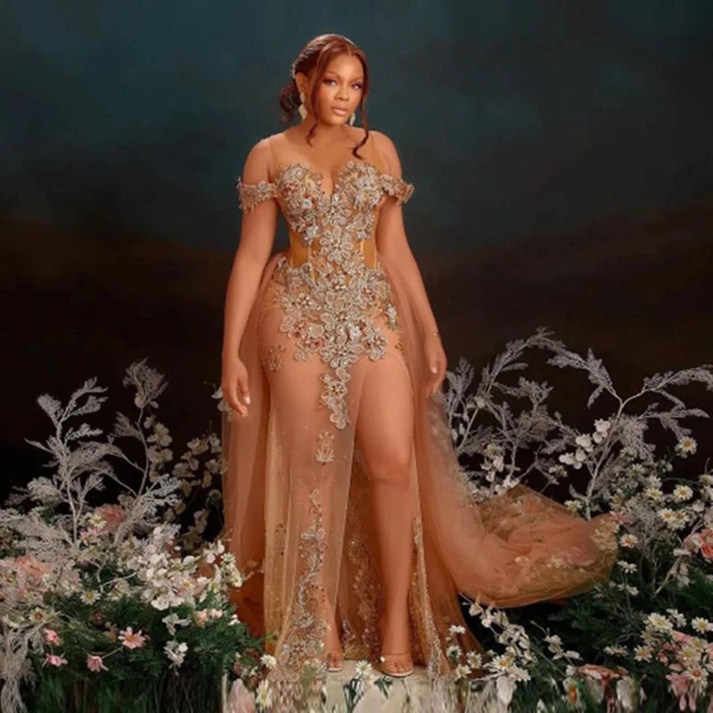 Zjkrl  -  Gorgeous Champagne Aso Ebi Arabic Prom Dresses Sexy Off The Shoulder Lace Appliques Side Slit Eveing Gowns African Party Dresses Tunics Custom made