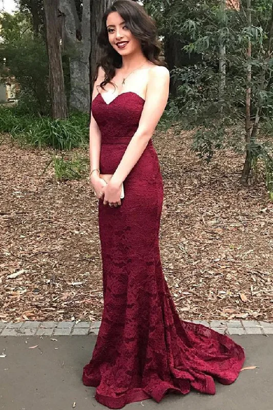Burgundy Lace Strapless Mermaid Long Fashion Prom Dresses Formal Evening Party Dress Mermaid Tail Wedding