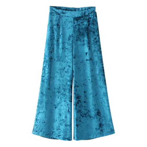 Elastic Waist Wide Leg Velvet Culotte Pants - Peacock Blue M Soft Wool Pants