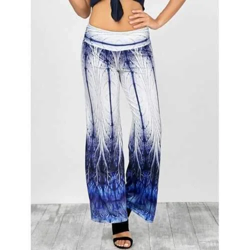 Elastic Waist Printed Wide Leg Pants - Blue Xl Trendy Palazzo Pants