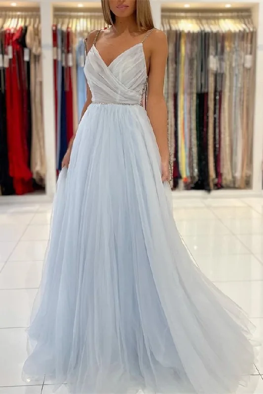 V-neck Party Dress Elegant Light Sky Blue Spaghetti-Straps Tulle Long Prom Dress With Beads Tunics Velvet soft