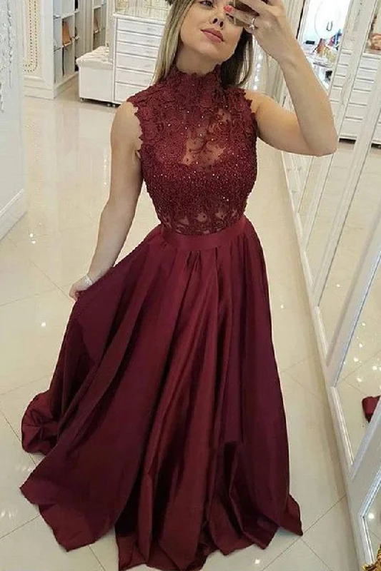 Burgundy High Neck Lace Prom Dresses Beads Satin Long Cheap Party Dresses Tunics Luxurious high-end
