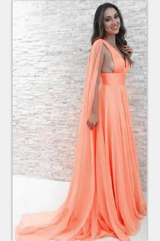 Charming A Line V Neck Orange Chiffon Ruffles Long Prom Dresses Formal Evening Party Dress Tunics Trousers formal