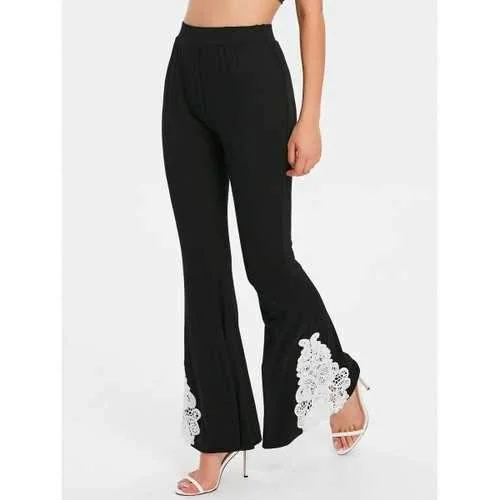 Lace Crochet Flare Pants - Black M Comfortable Wide-Leg Pants