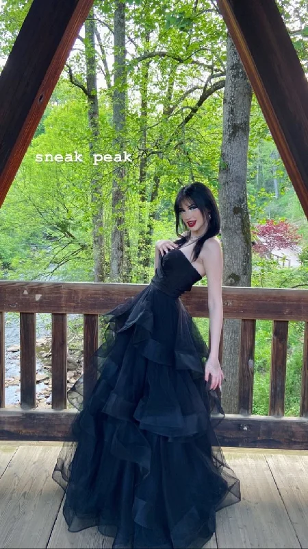Black Gothic Strapless A-Line Tulle Long Formal Party Dress, DP4011 Tunics Designer luxury
