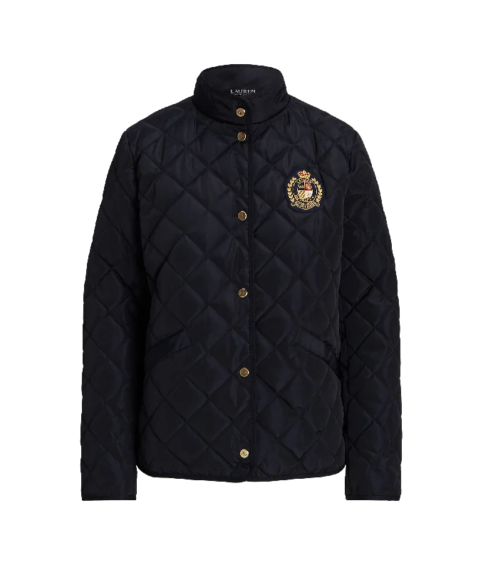 Crest-Patch Quilted Mockneck Jacket - Navy Tailored Jacket Straight Jacket A-Line Jacket