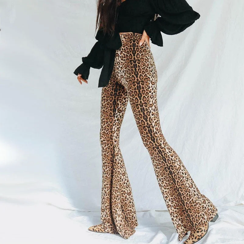 Leopard Print High Waist Flare Pants Trendy Printed Leggings