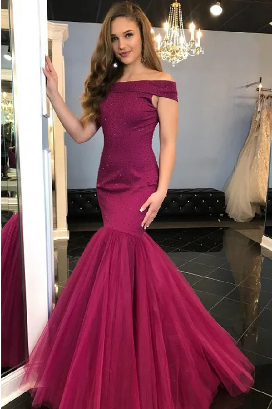 Sexy Off the Shoulder Burgundy Long Mermaid Prom Dresses Formal Evening Party Dress Shift Classic Vintage