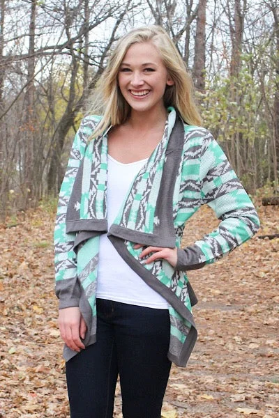 Cool Weather Cardigan - Gray and Mint Handmade Hand-knitted Hand-woven