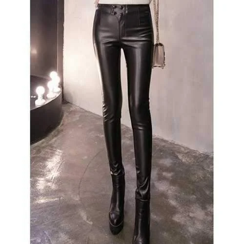 Fleece Buttoned PU Leather Pencil Pants - Black L Trendy Wide-Leg Pants