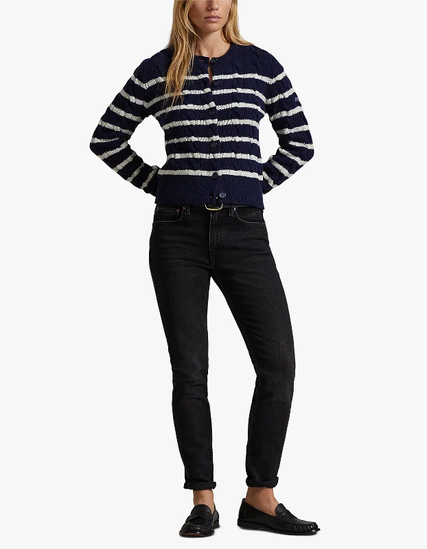 Striped Cable Wool Cashmere Cardigan - Hunter Navy/Authentic Cream Boat Neck Shawl Collar Notched Collar