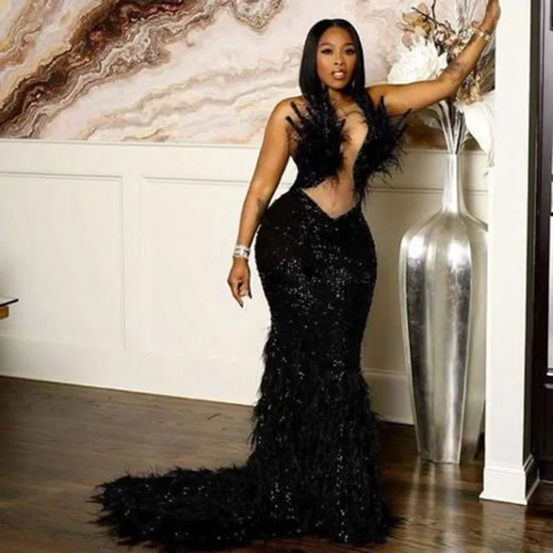 Zjkrl  -  Sparkly Black Mermaid Prom Dresses Black Girls Feather Evening Gowns Sweep Train Women Formal Party Dress Robe De Soiree Tunics Vintage classic