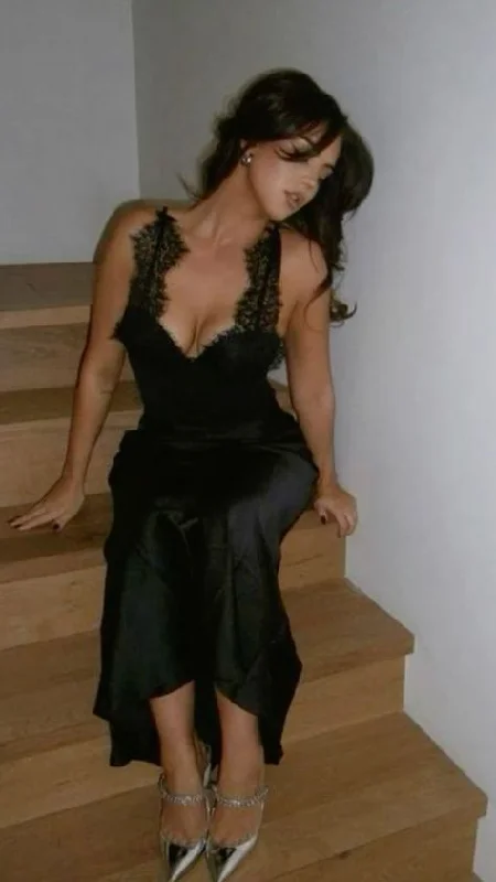 Black Straps V Neck Lace Satin Long Prom Dress Evening Party Dress, DP3718 Tunics Fashionable trendy