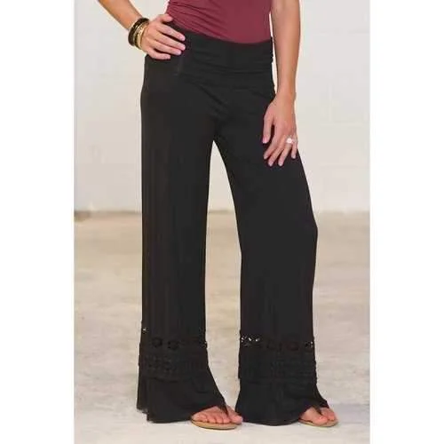 Casual High-Waisted Solid Color Wide Leg Lace Spliced Women's Pants - Black S Relaxed Linen Pants