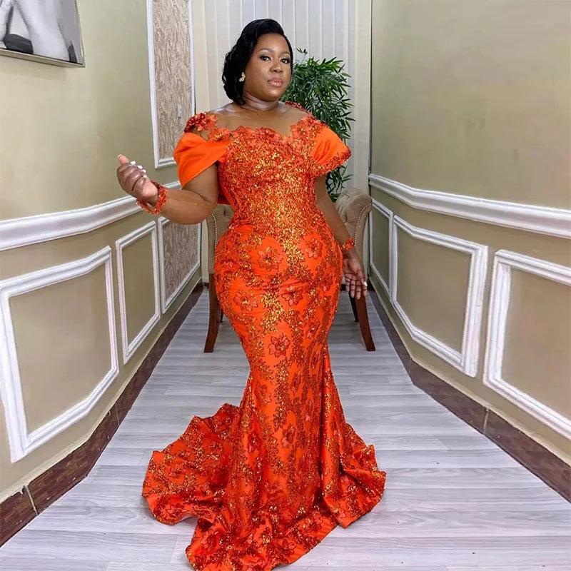 Zjkrl  -  Orange Aso Ebi Lace Mermaid Prom Dresses Sheer Neck Plus Size Cap Sleeve Evening Gowns Saudi Arabia Sweep Train Party Dress Tunics Handmade artisanal