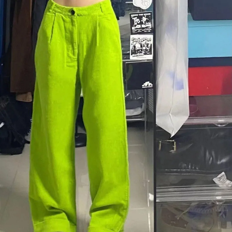 Fluorescent Green Corduroy High Waist Wide Leg Pants Casual Skinny Fit Pants