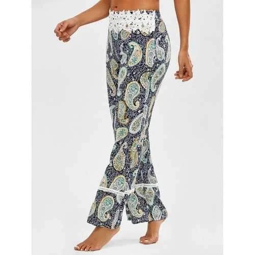 Paisley Print Lace Insert Straight Pants - M Casual Track Pants