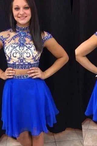 Royal Blue Short Prom Dresses Chiffon Fitted Party Dress Silver Beading Sparkly Cocktail Dress Tunics Hiking breathable
