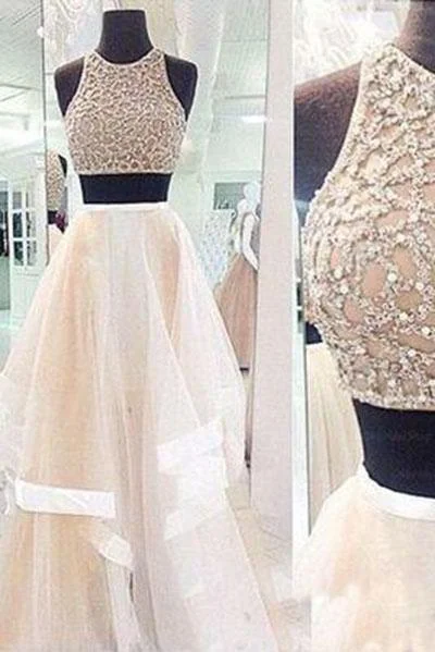 New Style Prom Dresses Sexy Champagne Prom Dress Two Piece High Neck Tulle Party Dresses Tunics Wedding white