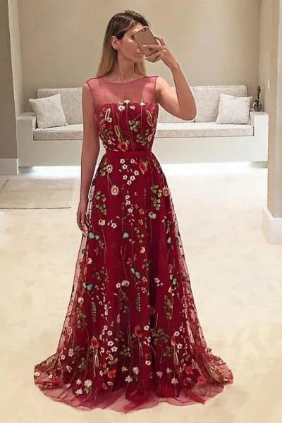 A-Line Bateau Burgundy Floral Lace Long Prom Dresses Straps Party Dresses Tunics Stylish elegant