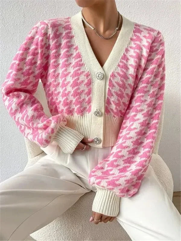 Houndstooth Lantern Sleeve Cardigan Sweater Seamless Knitted Crochet