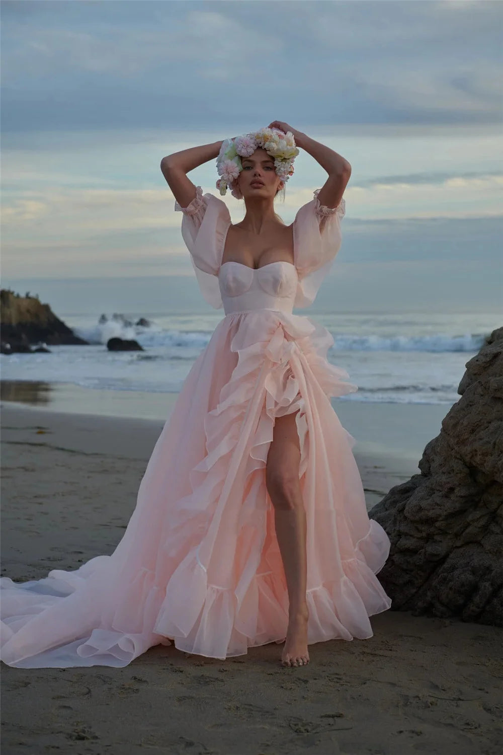 Zjkrl  -  Eeqasn Baby Pink Organza Prom Dresses Short Puff Sleeves Ruffles Prom Party Gowns Slit Princess Formal Women Party Dresses Tunics Spring floral