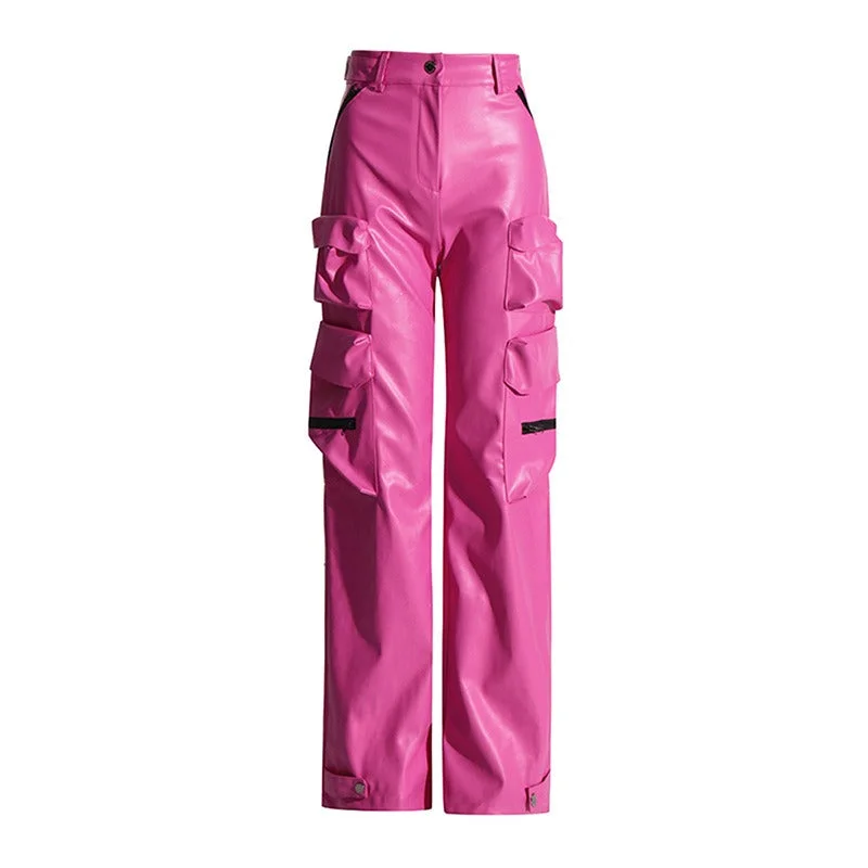 Pink High Waist PU Leather Spliced Cargo Pants Trendy Wide-Legged Trousers