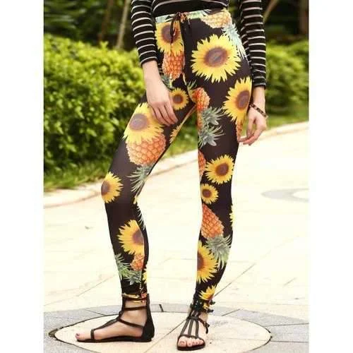 Stylish Drawstring Sun Flower Print Narrow Feet Pants For Women - Black Xl Stylish Paperbag Waist Pants