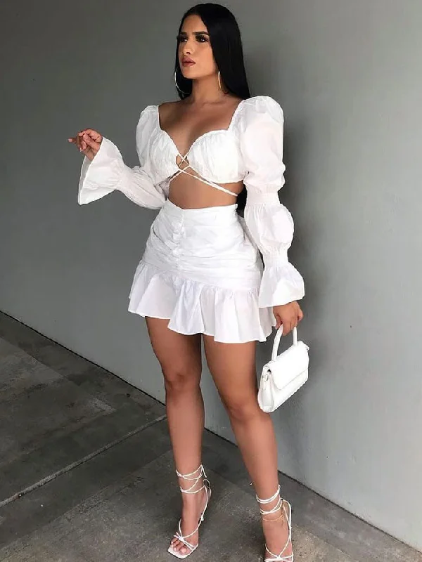Two Piece Long Puffy Sleeve Top Mni Skirt denim skirt durable