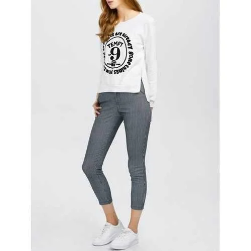 Long Sleeve Graphic Tee With Stripe Pants - White L Relaxed High-Waist Trousers