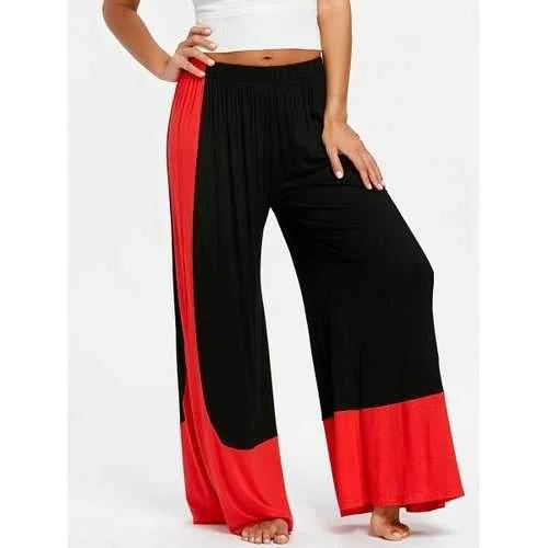 High Rise Color Block Wide Leg Pants - Black M Trendy Printed Pants