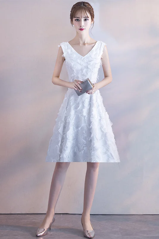 White V-Neck Sleeveless Tea-length Party Dress with Featherss Prom Dress Homecoming Dresses Tunics Designer luxury