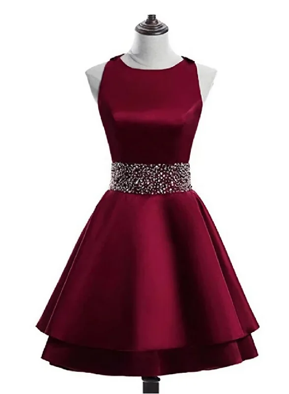 Cute Satin Knee Length Cross Back Beaded Party Dress, Homecoming Dress Pleated Skirt Elegant