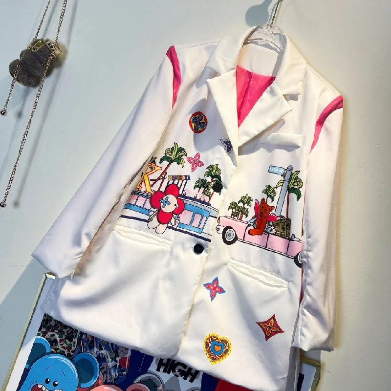 Pattern Printed White Blazer For Autumn Long Sleeve Cardigan Casual Loose High Street Outfit Lightweight Heavyweight Midweight