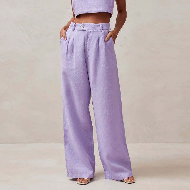High Waist Solid Color Pleated Linen Pants (3 colors) Casual Sweatpants Style