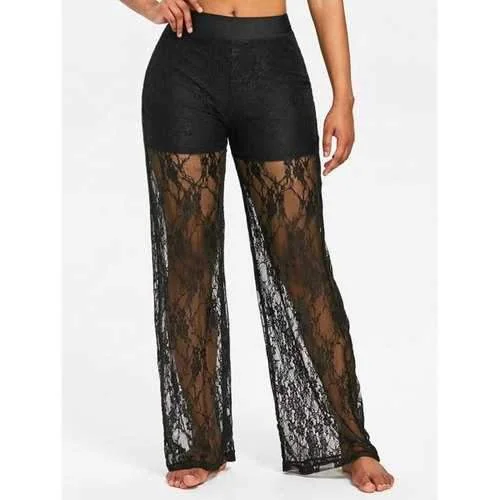 Floral Lace Wide Leg Pants - Black M Fashionable Work Pants
