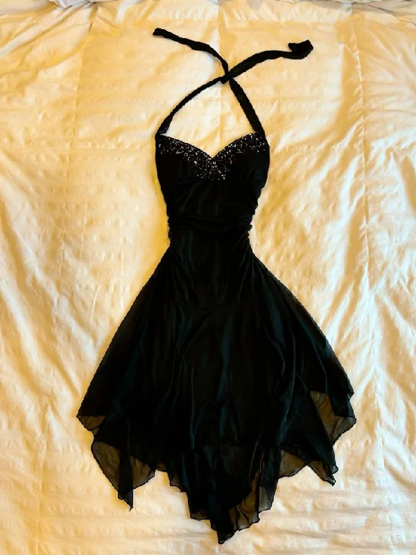 Black V Neck Halter A-Line Midi Length Cocktail Dress Evening Party Dress, DP4388 Lace Sexy Club
