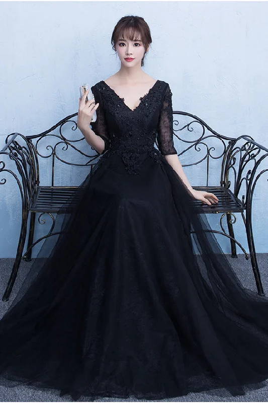 Hot Sales Black Half Sleeves Lace V Neck Prom Dress Evening Party Dress Gowns Boat Neckline Classic