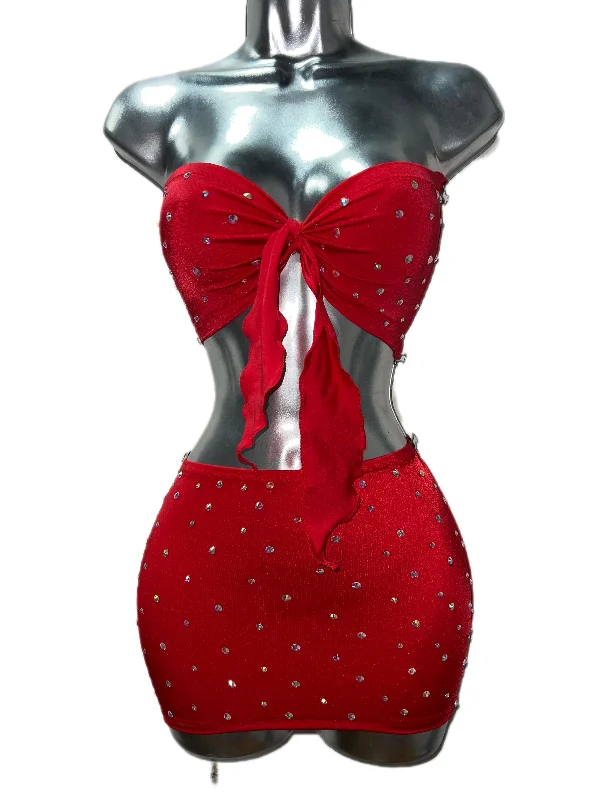 RED SKIRT SET satin skirt smooth