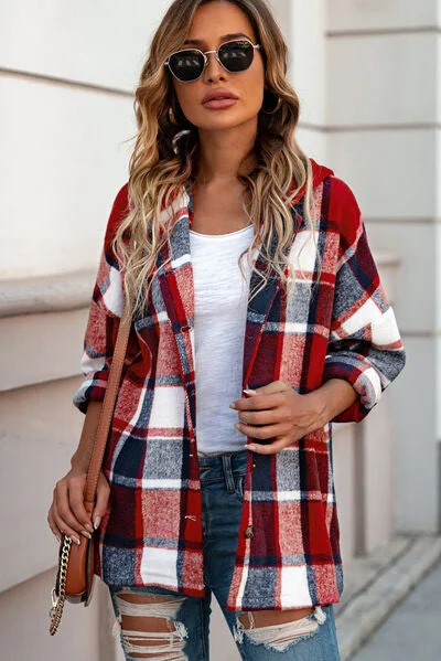 Button Up Plaid Hooded Jacket Oversized Jacket Tailored Jacket Straight Jacket